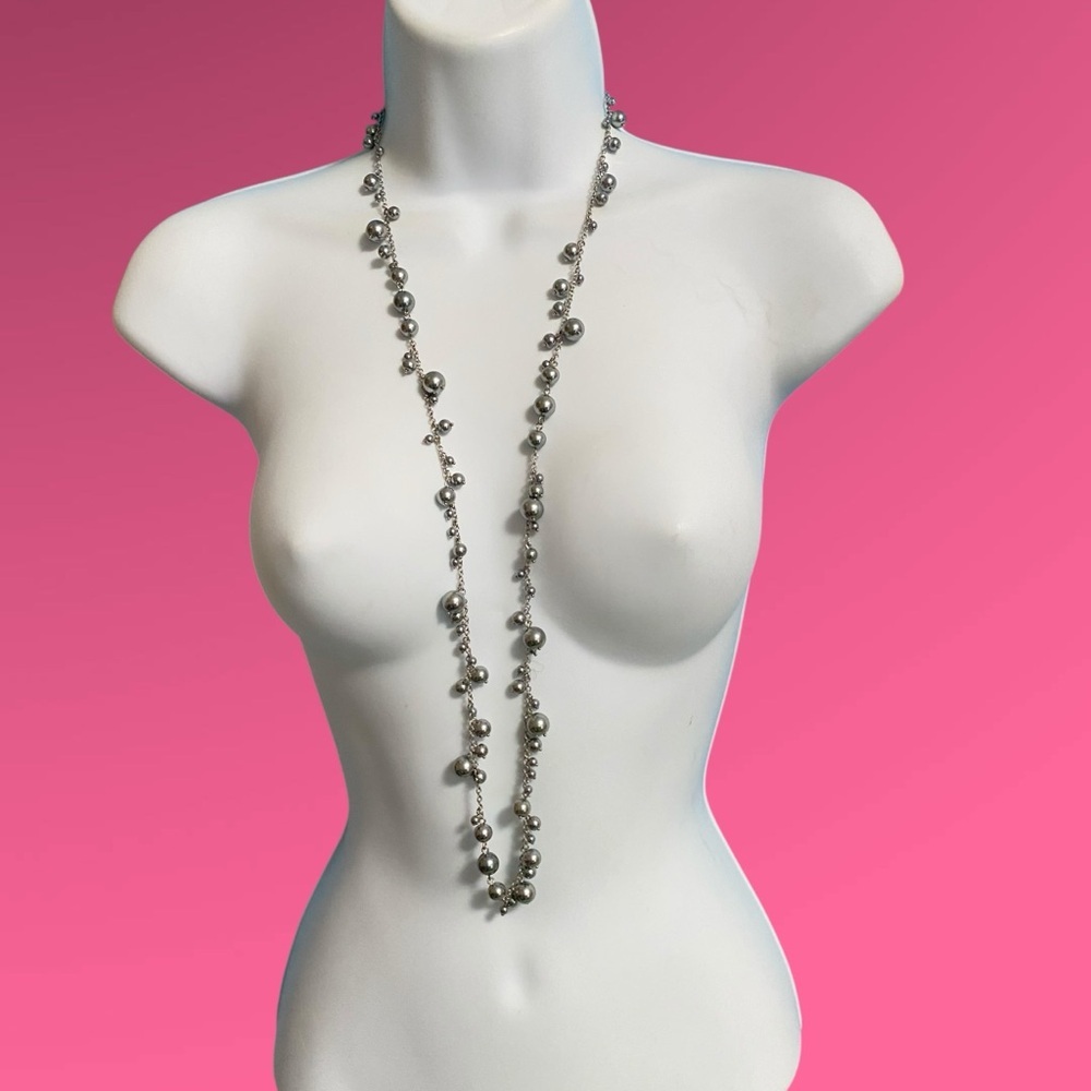 TALBOTS Gray Faux Pearls & Silver Tone Chain Long Necklace